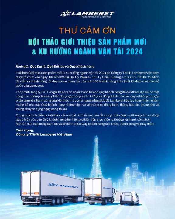 THƯ CẢM ƠN KHÁCH MỜI THAM DỰ HỘI THẢO GIỚI THIỆU SẢN PHẨM MỚI & XU HƯỚNG NGÀNH VẬN TẢI 2024
