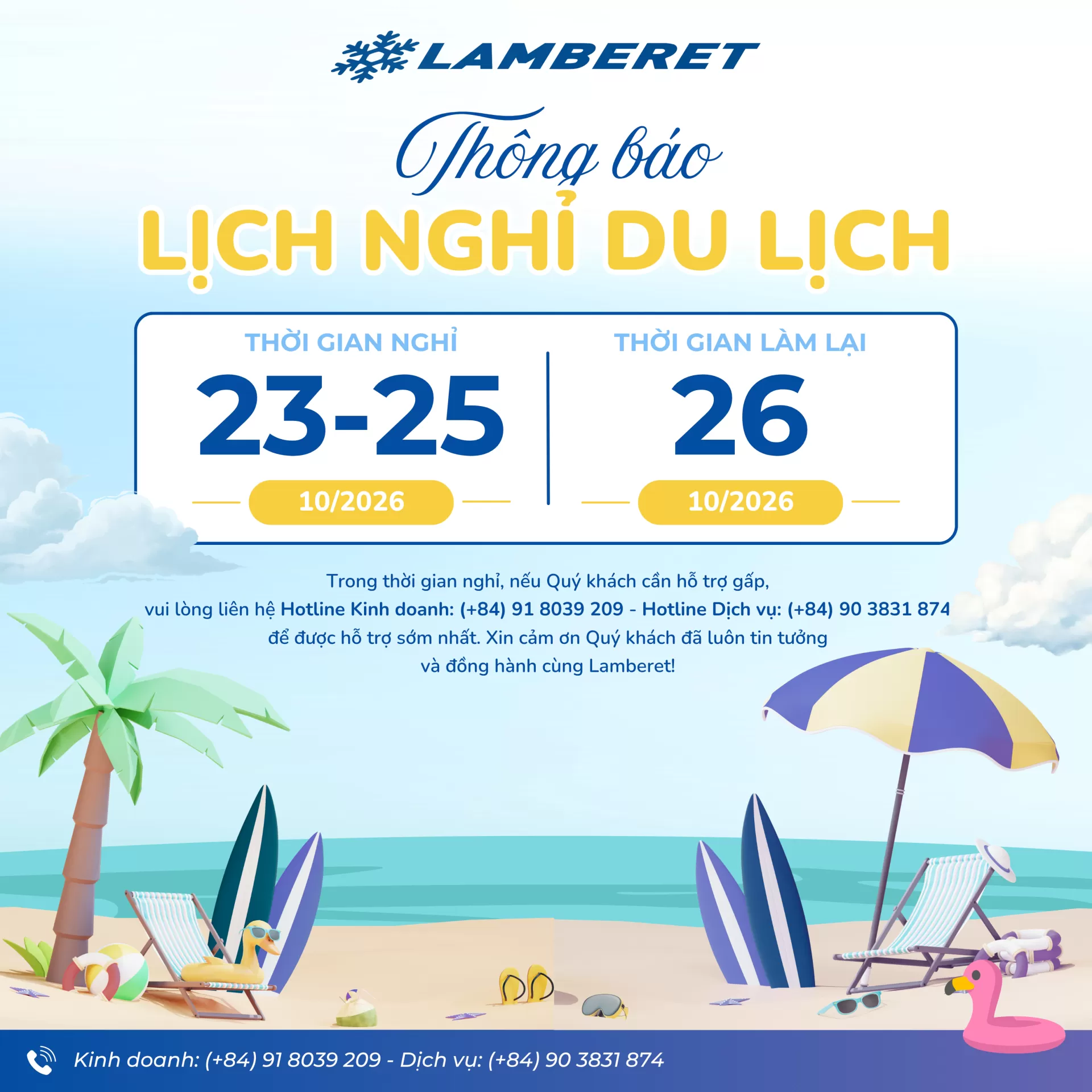 Lamberet Việt Nam thông báo lịch nghỉ du lịch tháng 10/2006